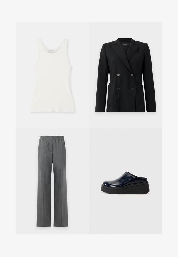 Blazer nero doppiopetto realizzato in tessuto strutturato, con rever a forma di pescante, due tasche frontali e quattro bottoni neri.; Top in cotone bianco a costine con scollo rotondo e spalline larghe, caratterizzato da una texture morbida e una silhouette attillata.; Pantaloni larghi grigi con cintura elasticizzata, realizzati in un tessuto testurizzato con un sottile motivo a intreccio.; Zoccolo in pelle verniciata blu navy con una finitura liscia, caratterizzato da una spessa suola piattaforma nera e cuciture visibili lungo la base.