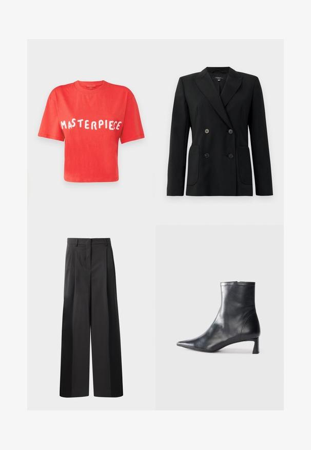 Czarna podwójnie zapinana marynarka z wytrzymałego materiału, z klapami w kształcie klina, dwiema przednimi kieszeniami i czterema czarnymi guzikami.; MAX&Co. BOXYCLAIM czerwony; Czarne szerokie spodnie z wysokim stanem, z przodu z fałdami, o gładkiej fakturze i dopasowanym wykończeniu. Zaprojektowane z myślą o luźnym kroju.; Czarne skórzane botki sięgające kostki z ostrym noskiem i eleganckim designem. Posiadają niski obcas oraz zamek błyskawiczny z tyłu. Gładka faktura.