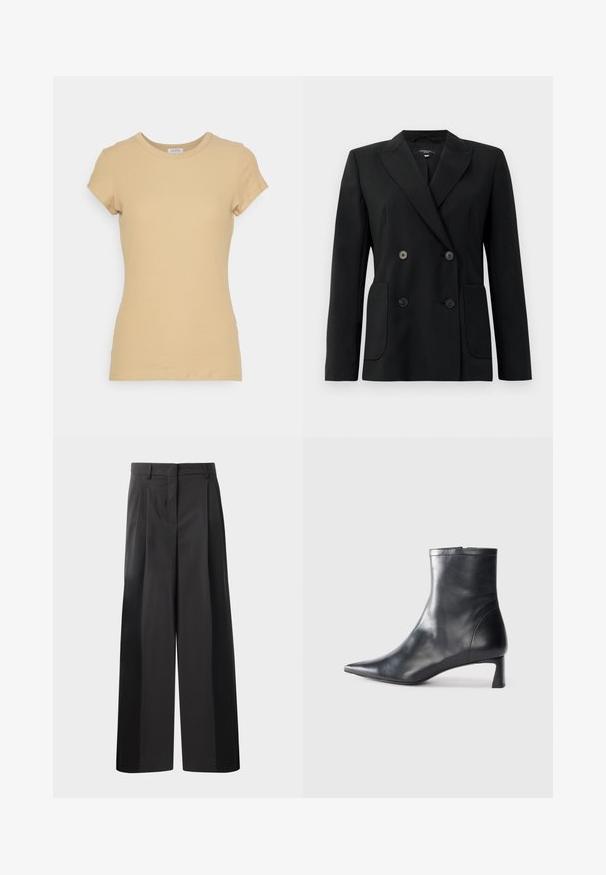 Black double-breasted blazer made of structured fabric, featuring notch lapels, two front pockets, and four black buttons.; Filippa K FINE TEE - Basic T-shirt - sand beige; Black wide-leg trousers with a high waist, featuring front pleats, a smooth texture, and a tailored finish. Designed for a relaxed fit.; Black leather ankle boot with a pointed toe and a sleek design. Features a low heel and a zipper closure at the back. Smooth texture.