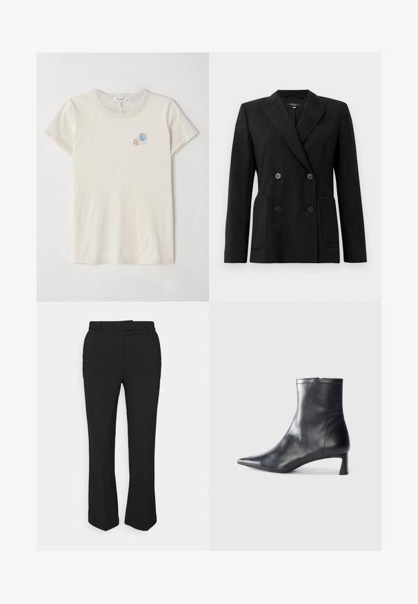 Zwarte dubbelgebreide blazer van gestructureerde stof, met notch revers, twee voord pockets en vier zwarte knopen.; Lichtbeige katoenen t-shirt met een ronde hals en korte mouwen. Bevat kleine geborduurde schelpenontwerpen in pastelkleuren.; Zwarte op maat gemaakte broeken met een recht gesneden ontwerp, voorzien van riemlussen en zijzakken. Gemaakt van een gladde stof met een nette afwerking.; Zwarte leren enkellaars met een spitse neus en een slank ontwerp. Heeft een lage hak en een ritssluiting aan de achterkant. Gladde textuur.