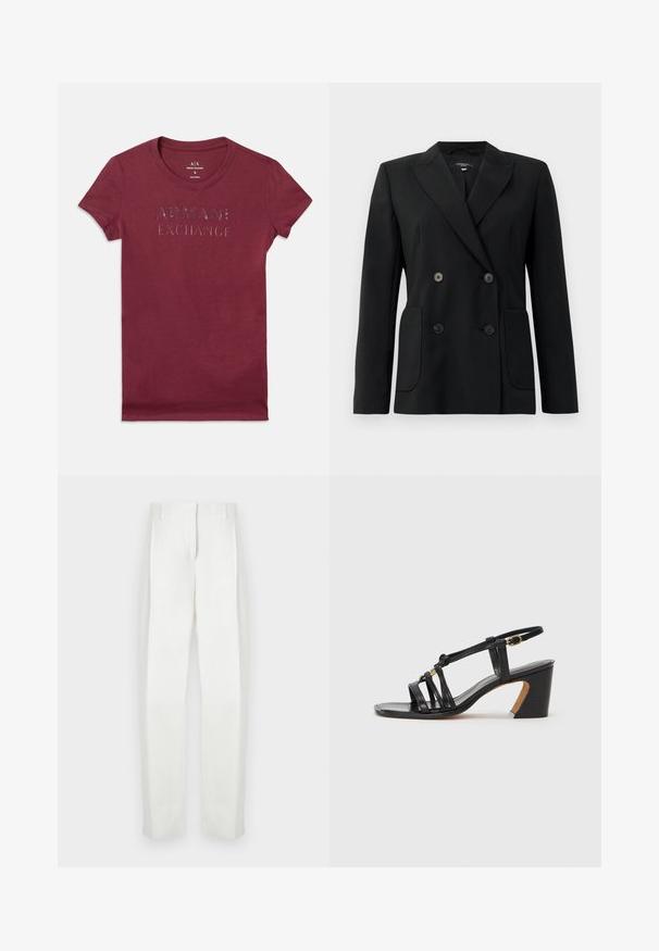 Black double-breasted blazer made of structured fabric, featuring notch lapels, two front pockets, and four black buttons.; Burgundy short-sleeve fitted T-shirt with "ARMANI EXCHANGE" printed in shiny black letters across the chest.; Paul Smith Trousers - white; Paul Smith AMIRA - Classic heels - black
