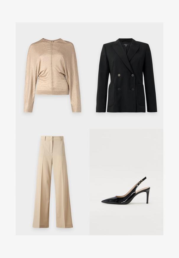 Fekete, kétsoros zakó, amely strukturált anyagból készült, kihajtott gallérral, két elülső zsebbel és négy fekete gombbal rendelkezik.; Krémszínű, hosszú ujjú felső, könnyű anyagból készült, kerek nyakkal, hátsó cipzáras záródással és ráncolt részletekkel a deréknál.; Beige színű, bő szabású nadrág sima anyagból, lapos elejével, redőkkel, cipzáras záródással és övhurkokkal. Összességében testreszabott szabású.; Fekete lakk bőr kötött magassarkú cipő, hegyes orral és karcsú sarokkal, finom kivágásos dizájnnal. Az övön arany csatt található.