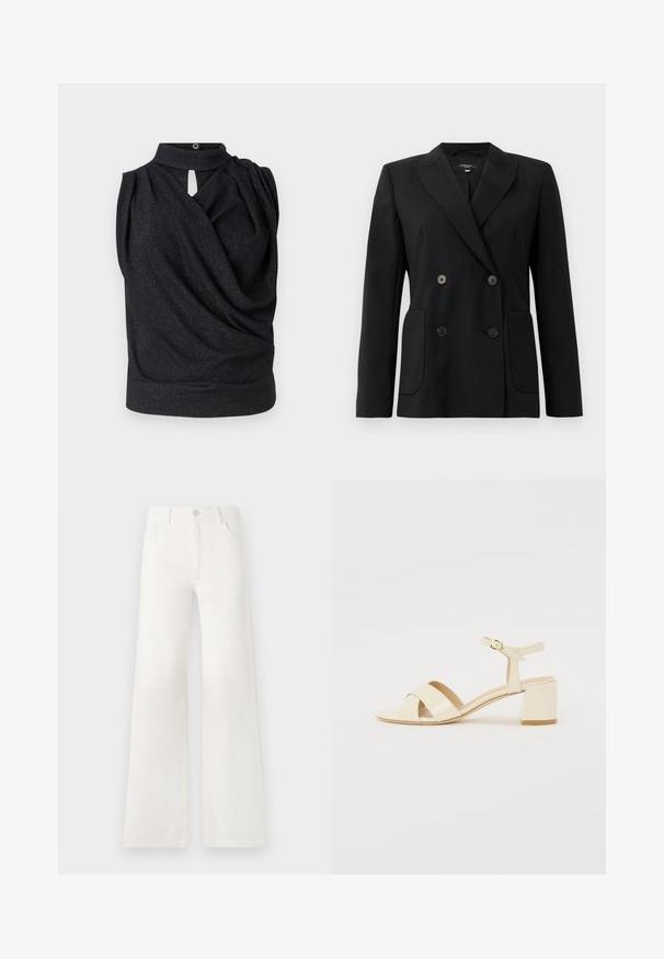 Blazer nero doppiopetto realizzato in tessuto strutturato, con rever a forma di pescante, due tasche frontali e quattro bottoni neri.; Top senza maniche nero con colletto alto, design drappeggiato e dettagli a chiave sulla parte anteriore. Realizzato in tessuto morbido con un sottile effetto luccicante.; Jeans bianchi a vita alta e gamba larga realizzati in denim. Presentano una chiusura con bottone, due tasche anteriori e cuciture decorative nei lati.; Sandali con tacco in pelle verniciata beige, design con cinturino incrociato, punta aperta, cinturino alla caviglia regolabile e tacco a blocco. Texture liscia.