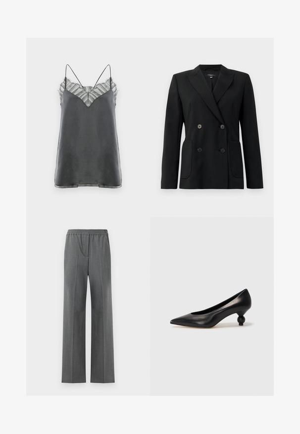 Melnā dubultā jaciņa, kas izgatavota no strukturēta auduma, ar griezumiem pie apkakles, divām priekšējām kabatām un četriem melniem pogām.; Satin pelēks korsetis ar plānām spaghetti siksnām un caurspīdīgu, svītrainu mežģīņu pārklājumu ap kaklu, kuram ir V formas dizains.; Pelēki platā kāju bikses ar elastīgu jostu, izgatavotas no teksturēta auduma ar maigu aušanas rakstu.; Melnas ādas augstpapēžu kurpes ar smailu purngalu un apaļu papēdi. Gluda tekstūra ar elegantu, minimālistisku dizainu.