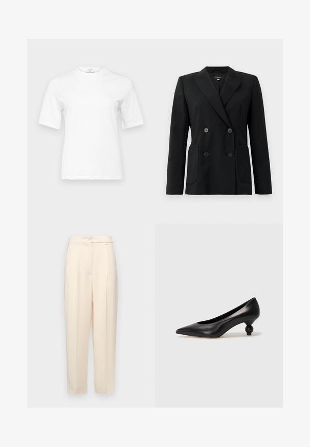 Czarna podwójnie zapinana marynarka z wytrzymałego materiału, z klapami w kształcie klina, dwiema przednimi kieszeniami i czterema czarnymi guzikami.; Biała bawełniana koszulka z okrągłym dekoltem i krótkimi rękawami. Charakteryzuje się prostym krojem i minimalistycznym wzornictwem. Brak wzorów lub akcentów.; Beżowe spodnie o kroju prostym, z fałdami z przodu, gładką teksturą i średnim stanem. Brak widocznych kieszeni.; Czarna skórzana szpilka z ostrym czubkiem i okrągłym, kulistym obcasem. Gładka tekstura z eleganckim, minimalistycznym wzornictwem.