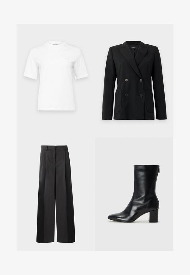 Mustvalge topeltkinnitatud bleiser, mis on valmistatud jäigast kangast, millel on kraed, kaks esist pocketit ja neli musta nööpi.; Valge puuvillane T-särk ümmarguse kaelusega ja lühikeste varrukatega. Omab sirget lõiget ja minimalistlikku disaini. Ilma mustrite või aktsendita.; Mustad laiad püksid kõrge vöökohaga, millel on ees voldid, sile tekstuur ja õmmeldud viimistlus. Kujundatud lõdva istuvuse saavutamiseks.; Must musta ankle boot teravaid varvastega ja 4 cm plokknõela. Suurepärase disainiga, millel on külgrihm lihtsaks läbi panemiseks. Sile tekstuur.