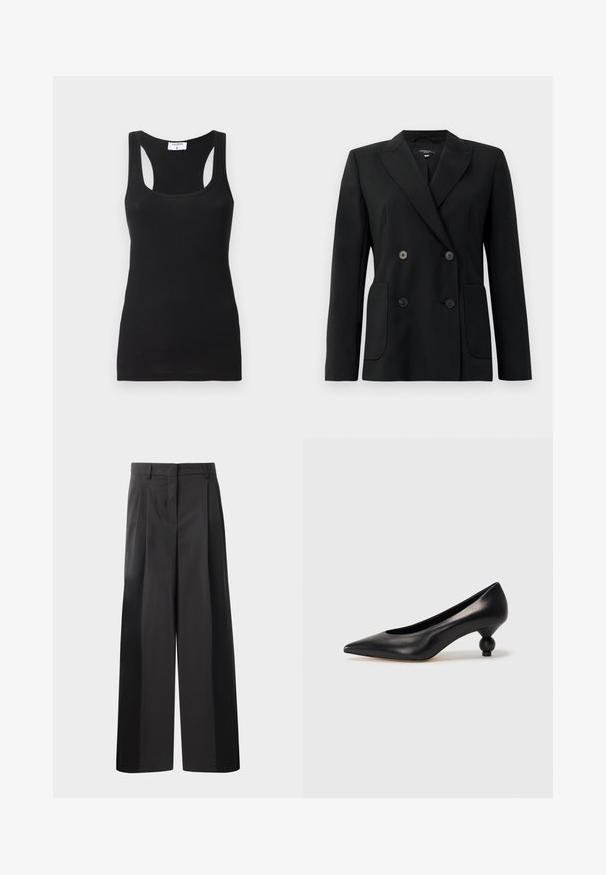 Black double-breasted blazer made of structured fabric, featuring notch lapels, two front pockets, and four black buttons.; Black ribbed tank top featuring a square neckline, wide shoulder straps, and a fitted design. Material has a smooth texture.; Black wide-leg trousers with a high waist, featuring front pleats, a smooth texture, and a tailored finish. Designed for a relaxed fit.; Black leather high heel shoe with a pointed toe and a round, balled heel. Smooth texture with a sleek, minimal design.