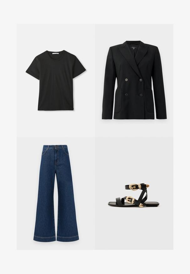 Čierny dvojradový blejzer vyrobený z pevnej látky, s klopami, dvoma prednými vreckami a štyrmi čiernymi gombíkmi.; Čierne krátke rukávy tričko s okrúhlym výstrihom z bavlny, položené na bielom pozadí, s viditeľnou značkovou etiketou vo vnútri goliera.; Modré denimové nohavice so širokými nohavicami a vysokým pásom, ktoré majú gombíkový zapínanie, pútka na opasok a jemné švy pozdĺž vreciek a lemov.; Čierne kožené sandále so zlatými prackami, s viacerými pásikmi a plochou podrážkou pre otvorené nosenie.