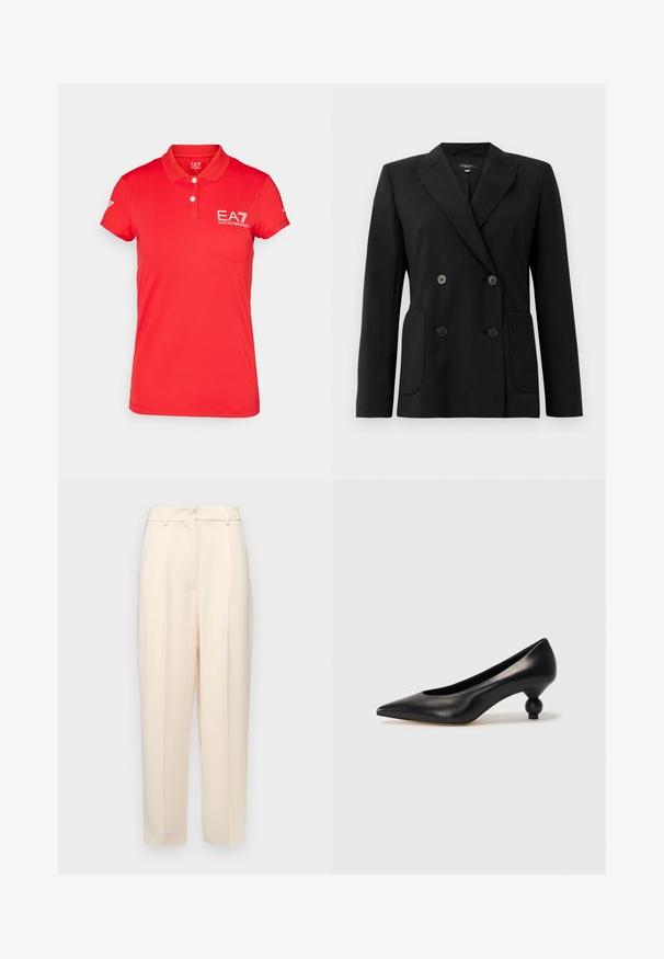 Juodas dvigubas švarkas, pagamintas iš struktūruotos medžiagos, su išpjautomis atlapomis, dviem priekinėmis kišenėmis ir taisyklingais juodais mygtukais.; Raudonas polo marškinėlis, pagamintas iš tekstūruotos medžiagos, su dviem mygtukais ir balta EA7 logotipu kairėje krūtinės pusėje bei rankovėje. Trumpomis rankovėmis.; Bežinės pritaikytos kelnės su tiesiu kirpimu, su raukšlėmis priekyje, lygia tekstūra ir vidutinio aukščio juosmens. Nematomos kišenės.; Juoda odinė aukštakulnė bateliai su smailiu pirštu ir apvaliu, iškiliu kulnu. Lygus paviršius su elegantišku, minimalistiniu dizainu.