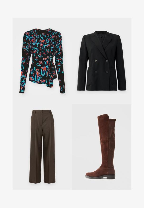 Blazer preto de dupla face feito de tecido estruturado, apresentando lapelas com corte em notch, dois bolsos frontais e quatro botões pretos.; Camisola preta de mangas longas com um padrão floral colorido em vermelho, turquesa e azul, com um detalhe de nó na cintura.; Calças largas castanhas com uma textura suave, apresentando uma cintura alta, pregas frontais e um design ajustado. Sem bolsos visíveis ou embellishments.; Bota alta em camurça marrom e tecido, com salto baixo preto e bico arredondado, apresentada em vista lateral sobre fundo branco liso.