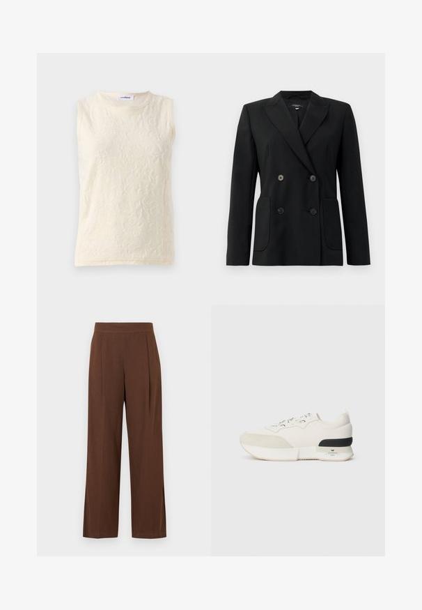 Svart dubbelknäppt blazer i strukturerad tyg, med snedskärning på slag, två framfickor och fyra svarta knappar.; Ärmless topp i ljus krämfärg, tillverkad av texturerad tyg med ett blommönster. Har en rund halsringning och synliga sömmar för detalj.; Bruna vida byxor med en slät textur, med en platt front och veck. Midjebandet är elastiskt för komfort och passform.; Vit sneakers med en texturerad mocka tåbox, slät meshovandel, dekorativa snören och en svart gummihälaccents.