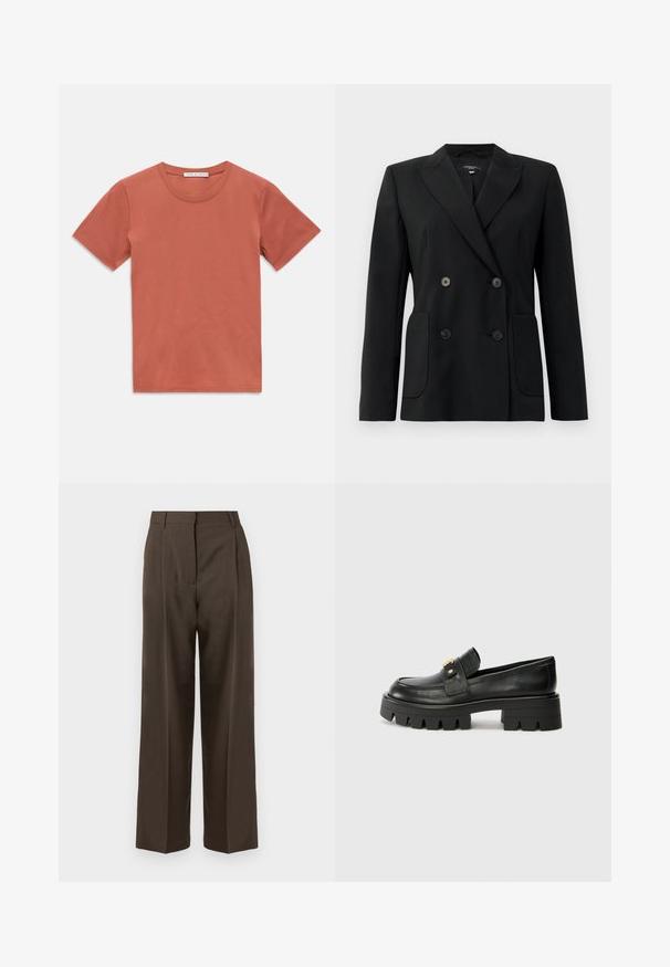 Zwarte dubbelgebreide blazer van gestructureerde stof, met notch revers, twee voord pockets en vier zwarte knopen.; Kortebloushirt met korte mouwen en ronde hals in een gedempte terracotta kleur, plat gelegd tegen een witte achtergrond, met een klein merklabel aan de binnenkant van de kraag.; Bruine wijde broek met een gladde textuur, voorzien van een hoge taille, plooien aan de voorkant en een tailored ontwerp. Geen zichtbare zakken of versieringen.; Zwarte leren instappers met een chunky zool, met een goudkleurige accent aan de voorkant en een gladde afwerking. Chunky profielontwerp op de zool.