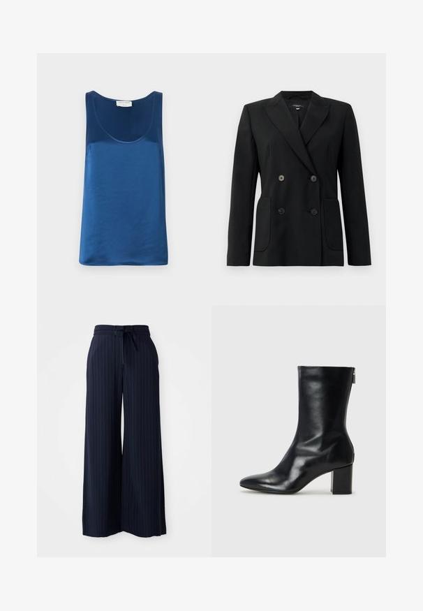 Crni dvostruki sako od čvrstog materijala, s reverima, dva prednja džepa i četiri crna dugmeta.; Plava satenasta majica bez rukava s okruglim izrezom i širokim naramenicama, glatke teksture i opuštenog kroja.; Mornarske široke hlače s vertikalnim prugastim uzorkom. Imaju vezicu u struku i nježnu, glatku teksturu. Lagani materijal.; Crne kožne gležnjače s oštrim vrhom i blok petom visokom 4 cm. Elegantni dizajn s bočnim patentnim zatvaračem za jednostavno obuvanje. Glatka tekstura.
