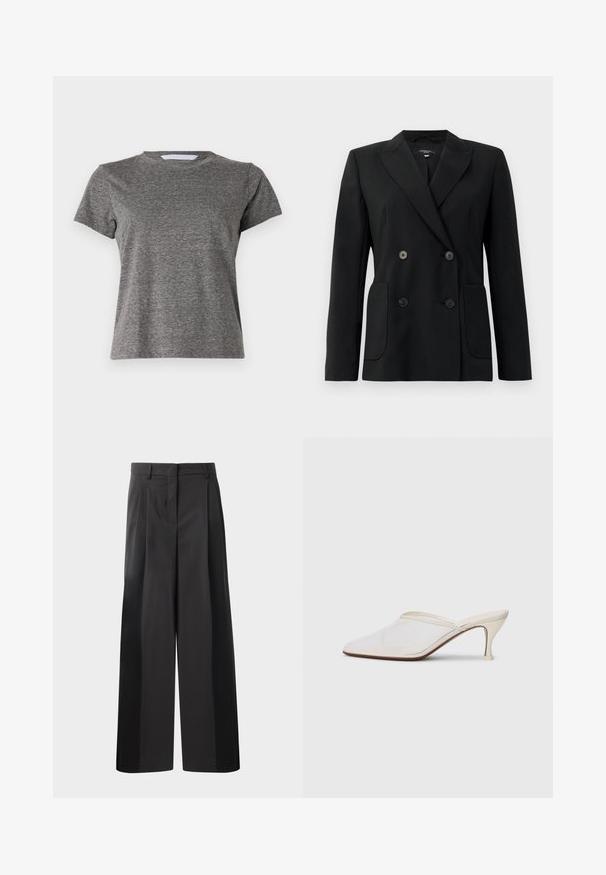 Čierny dvojradový blejzer vyrobený z pevnej látky, s klopami, dvoma prednými vreckami a štyrmi čiernymi gombíkmi.; Mother LIL GOODIE GOODIE TEE - Základné tričko - grey; Čierne široké nohavice s vysokým pásom, so záhybmi vpredu, hladkou textúrou a prispôsobeným strihom. Navrhnuté pre uvoľnený strih.; Biele sieťované lodičky s špicatou špičkou, s úzkym stredne vysokým podpätkom a bez zapínania, na jednobodovom pozadí.