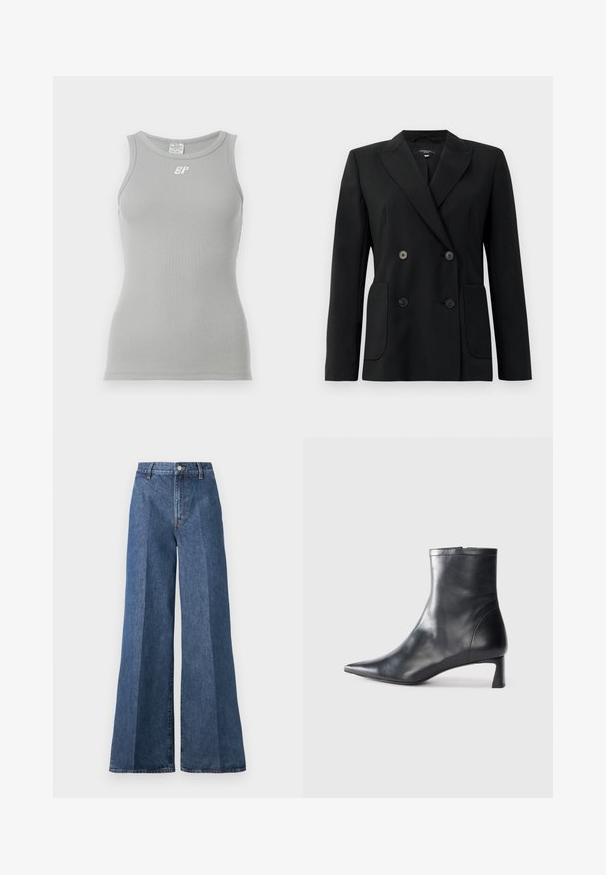 Juodas dvigubas švarkas, pagamintas iš struktūruotos medžiagos, su išpjautomis atlapomis, dviem priekinėmis kišenėmis ir taisyklingais juodais mygtukais.; Pilkos juostelės marškinėliai be rankovių su apvaliu kaklu. Priekyje yra mažas baltas logotipas. Lygus, elastingas audinys.; Plačiai kirptos mėlynos džinsinės kelnės su aukštu liemeniu, su klasikinėmis penkių kišenių detalėmis ir sagos užsegimu, pagamintos iš tekstūruotos medvilnės audinio.; Juodas odinis kulkšninis batas su smailiu pirštu ir elegantišku dizainu. Turi žemą kulną ir užtrauktuką gale. Lygi tekstūra.