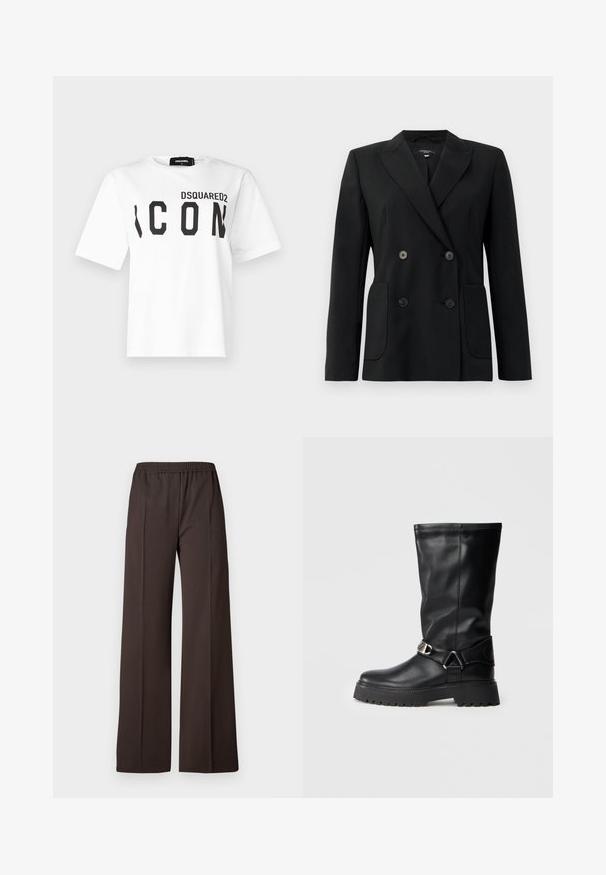 Zwarte dubbelgebreide blazer van gestructureerde stof, met notch revers, twee voord pockets en vier zwarte knopen.; Witte katoenen t-shirt met een ronde halslijn en korte mouwen. Zwarte "DSQUARED2" en "ICON" in vetgedrukte hoofdletters op de voorkant gedrukt.; Wijdvallende broek in donkerbruin stof met een elastische tailleband, voorzien van een gladde textuur en scherpe lijnen voor een verzorgd uiterlijk.; Zwarte laarzen tot de knie van glad leer, met een gespaccent aan de zijkant en een dikke, textuurgegeven zool voor grip.