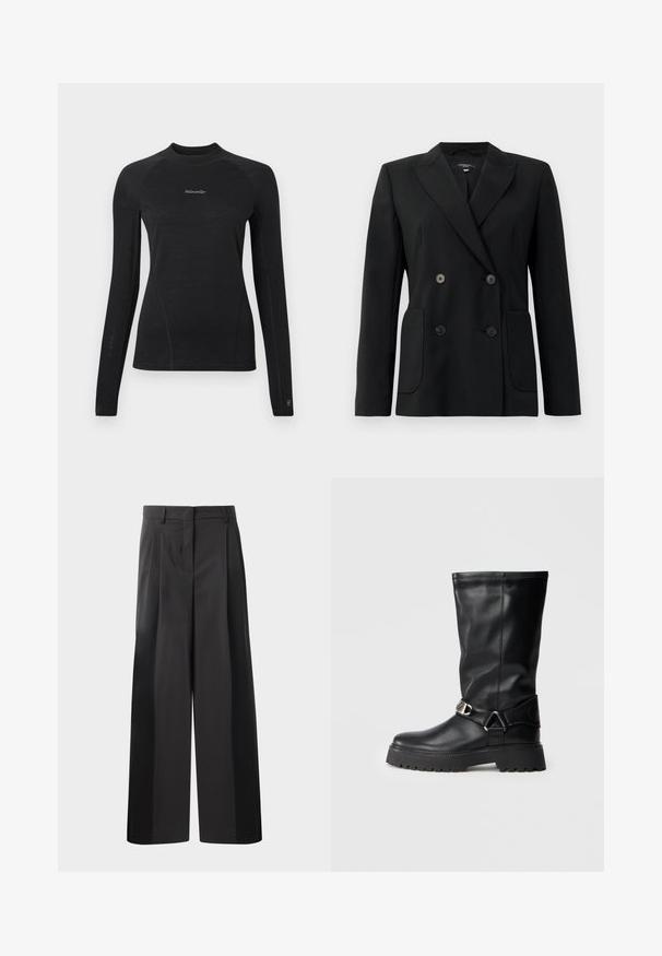 Black double-breasted blazer made of structured fabric, featuring notch lapels, two front pockets, and four black buttons.; Black long-sleeve fitted shirt with a crew neck and "Woolxweiler" logo centered on the chest.; Black wide-leg trousers with a high waist, featuring front pleats, a smooth texture, and a tailored finish. Designed for a relaxed fit.; Black knee-high boots made of smooth leather, featuring a buckle accent on the side and a thick, textured sole for grip.