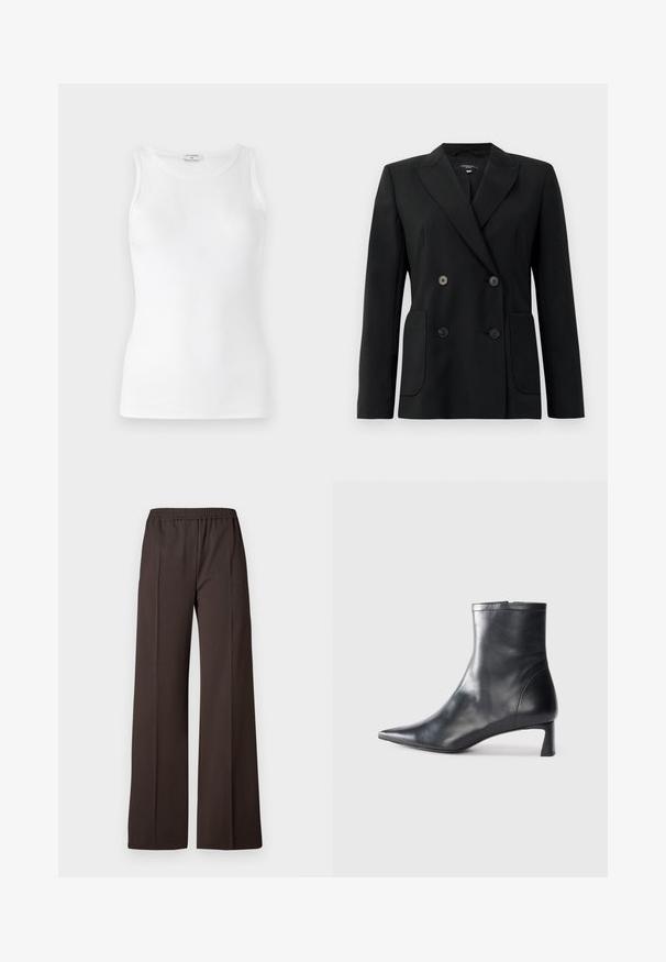 Sort dobbeltradet blazer lavet af struktureret stof, med klapkrave, to forlommer og fire sorte knapper.; Hvid ribbet tanktop med rund halsudskæring, tætsiddende pasform og glat tekstur. Ingen synlig hardware eller mønstre. Velegnet til hverdag.; Vide benbukser i mørkebrun stof med elastisk talje, som har en glat tekstur og rene linjer for et skræddersyet look.; Sort læder ankelstøvle med spids tå og et strømlinet design. Har en lav hæl og en lynlås lukning bagpå. Glat tekstur.