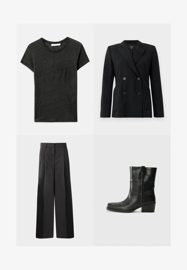 Crni dvostruki sako od čvrstog materijala, s reverima, dva prednja džepa i četiri crna dugmeta.; Tamno siva majica s kratkim rukavima, okrugli izrez, napravljena od mekog, teksturiranog materijala s ležernim fitom. Nema vidljivih uzoraka ili detalja od hardware-a.; Crne široke hlače s visokim strukom, s prednjim nabranim detaljima, glatkom teksturom i krojenim završetkom. Dizajnirane za opušteni kroj.; Crne kožne čizme do članaka s okruglim vrhom, blok potpeticom, bočnim patentnim zatvaračem i detaljima od šavova na gornjem dijelu. Glatka tekstura, klasičan dizajn.