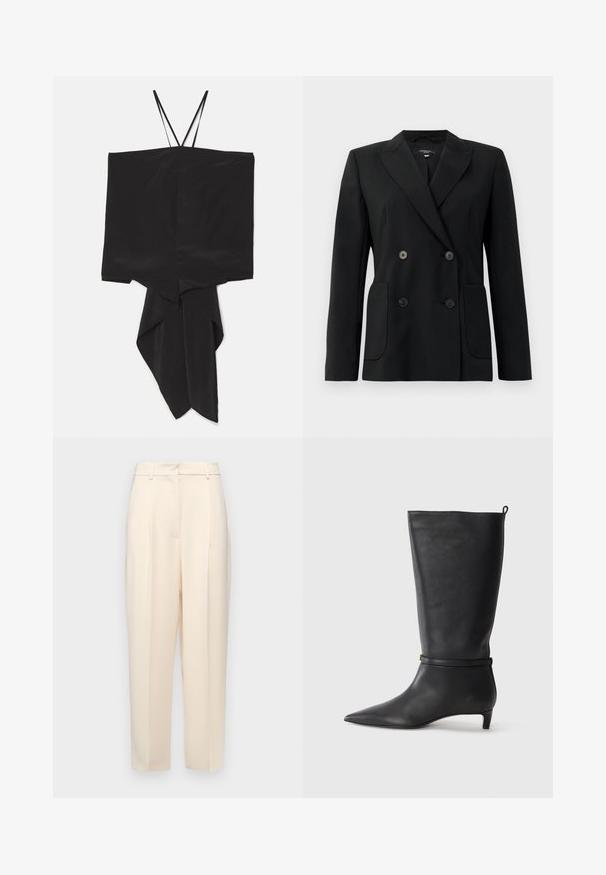 Sort dobbeltradet blazer lavet af struktureret stof, med klapkrave, to forlommer og fire sorte knapper.; Sort ærmeløs top med en kasseformet silhuet og asymmetrisk kant, lavet af et glat stof. Tynde stropper og et draperet, spidst design i bunden.; Beige skræddersyede bukser med en lige pasform, der har folder i fronten, en glat tekstur og en mellemhøj talje. Ingen synlige lommer.; Sorte læder knæhøje støvler med spidse tæer, fremhævet af et rundt bånd omkring anklen og en lav, tapered hæl. Glat tekstur.