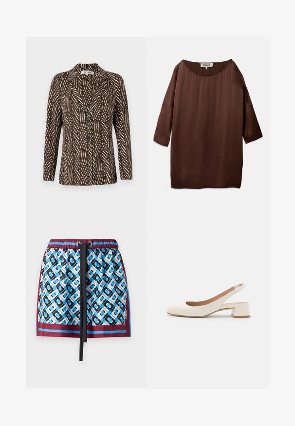 Diane von Furstenberg JACKET - Blazer - brown; Blusa castanha, larga e solta, com um amplo decote à barco e mangas três quartos, feita de um tecido liso e texturizado. O topo apresenta rugas subtis.; Saia curta com um padrão geométrico azul e preto, cintura elástica com cordão e acabamento em bordeaux na parte inferior.; Sandal de couro branco com biqueira arredondada, salto baixo em bloco e textura suave. Design minimalista com palmilha e detalhe do salto em bege.