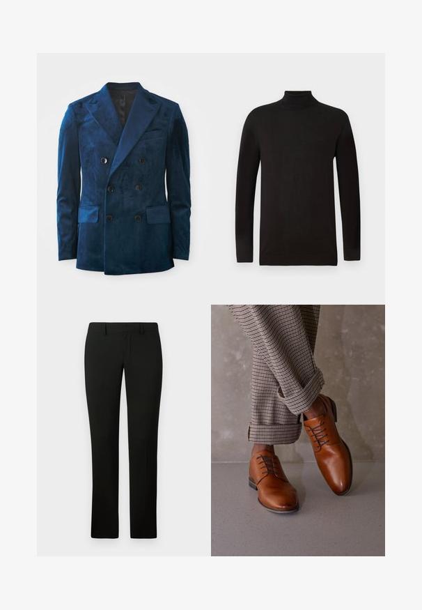 Blazer croisé en velours bleu profond. Doté de boutons noirs, de revers crantés et de deux poches avant avec une texture douce.; Pull à col roulé noir en tissu tricoté doux. Présente des manches longues et une coupe cintrée avec un col et un ourlet côtelés. Branding minimal.; Pantalon noir avec une coupe ajustée, présentant une texture lisse et un design à jambe droite. La taille est dotée de passants de ceinture et d'une finition soignée.; Des chaussures en cuir marron présentent un bout arrondi, un laçage à cinq œillets et des lacets sombres contrastés. Le pantalon est à carreaux, retroussé aux poignets.