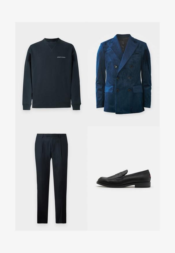 Blazer de doble botonadura en terciopelo azul oscuro. Presenta botones negros, solapas de muesca y dos bolsillos frontales con una textura suave.; Sudadera de algodón azul marino con cuello redondo, puños acanalados y dobladillo. Presenta el logo "LYLE & SCOTT" en blanco en el pecho. Textura suave.; Pantalones negros a medida, confeccionados en una tela suave, con un diseño de corte ajustado, dos pliegues frontales y una cinturilla plana sin hardware visible.; Mocasines de cuero negro con un acabado suave, punta redondeada y una pequeña solapa decorativa. Presentan un tacón bajo y apilado, así como un detalle sutil de marca.