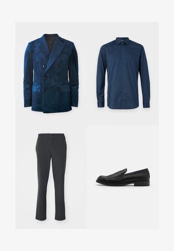 Double-breasted blazer in deep blue velvet. Features black buttons, notch lapels, and two front pockets with a soft texture.; Navy blue long-sleeve button-up shirt made of smooth fabric. Features a standard collar, front placket with matching buttons, and cuffed sleeves.; Dark gray trousers made from textured fabric; straight-leg design with a front button and discreet side pockets.; Black leather loafers with a smooth finish, rounded toe, and a small decorative flap. Features a low stacked heel and subtle branding detail.