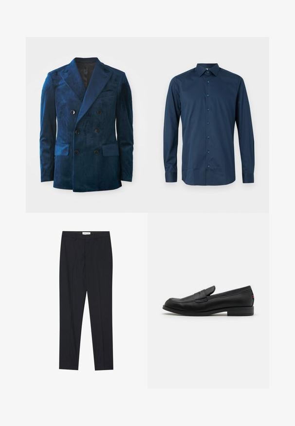 Sacou dublu din catifea albastră închisă. Are nasturi negri, rever în formă de V și două buzunare frontale cu o textură moale.; Camasa albastră închis, cu mânecă lungă și butoni, confecționată dintr-un material neted. Dispune de o guler standard, placket frontal cu butoni asortați și mâneci cu manșetă.; Pantaloni negri, croiți pe măsură, cu față plată, cu o tăietură obișnuită, dintr-un material neted, având plii presate și buzunare laterale.; Mocasini din piele neagră cu un finisaj neted, vârf rotunjit și o mică clapetă decorativă. Au un toc joasă din lemn laminat și un detaliu de branding subtil.
