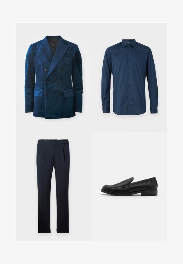 Dobbeltspent blazer i dyp blå sammet. Har svarte knapper, vanlig krage og to frontlommer med en myk tekstur.; Marineblå langermet skjorte med knapper laget av glatt stoff. Har standard krage, frontplacket med matchende knapper og mansjetter med knapper.; Mørkeblå bukser laget av myk stoff, med elastisk midjebånd, legg ved fronten og oppbrettede hems. Glatt tekstur, minimalistisk design.; Sorte lærlofter med en glat overflade, rund tå og en lille dekorativ flap. Har en lav stablet hæl og diskret brandingdetalje.