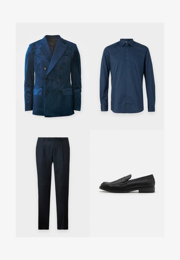 Sügavsinine sametist topeltkinnitatud bleiser. Omab musti nuppe, sakilise kaeluse kujundust ja kahte esifrakti taskut pehme tekstuuriga.; Tumesinine pika varrukaga nööpidega särk, mis on valmistatud sileda kangaga. Omab standardset kraed, esistabiilset nööpide rida ja mansettidega varrukaid.; Mustad kohandatud püksid, mis on valmistatud siledast kangast, esitavad kitsast lõiget, kahte esist pleeti ja lamedat vöökohta ilma nähtava riistvarata.; Mustad mustad nahast loaferid siledast viimistlusest, ümmargune nina ja väike dekoratiivne klapp. Omab madalat kokkupandud kontsa ja diskreetset brändingut.