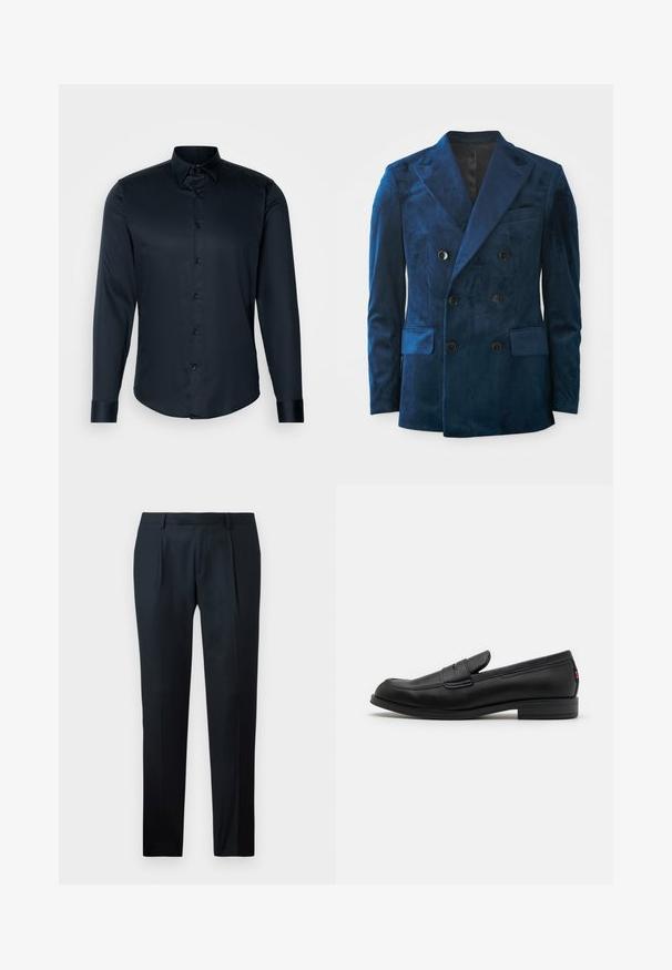 Dviejų eilučių blazeris giliai mėlynos aksominio spalvos. Savybė - juodi mygtukai, notch tipo apykaklė ir dvi priekinės kišenės su jaukia tekstūra.; Lindbergh PLAIN - Marškiniai - navy; Juodi pritaikyti kelniai, pagaminti iš lygaus Audinio, su lieknu siluetu, dviem priekiniais klostėmis ir plokščiu liemeniu be matomų detalių.; Juodos odinės loafers' tipo bateliai su lygia apdaila, apvalia nosimi ir maža dekoratyvine kišenėle. Turi žemą sukrauto kulno ir subtilų prekės ženklo detalę.