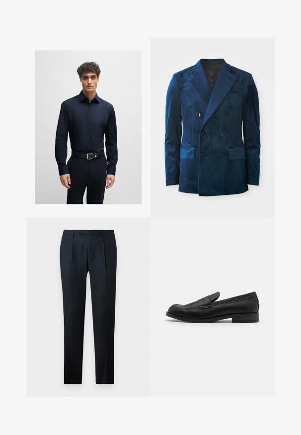 Dvojřadý blazer v tmavě modrém sametu. Obsahuje černé knoflíky, klopové límce a dvě přední kapsy s jemnou texturou.; Námořnická modrá košile s knoflíkovým límečkem, dlouhými rukávy a slim fit střihem. Hladká látka s jemným leskem a odpovídajícími modrými knoflíky.; Černé kalhoty na míru vyrobené z hladké tkaniny, s úzkým střihem, dvěma předními záhyby a plochým pasem bez viditelného kování.; Černé kožené mokasíny s hladkým povrchem, kulatou špičkou a malým dekorativním klopou. Mají nízký stočený podpatek a decentní branding.