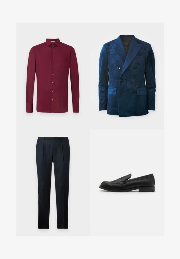 Dubbelknäppt blazer i djupblå sammet. Har svarta knappar, slagkragar och två framfickor med en mjuk textur.; Burgundy långärmad skjorta med knapp-up front, krage och knäppta manschetter. Slätt tyg med en enhetlig färg och inga mönster.; Svarta skräddarsydda byxor i mjukt tyg, med en slim fit-design, två främre veck och en flat midja utan synlig hårdvara.; Svarta läderloafers med en slät finish, rund tå och en liten dekorativ flik. Har en låg staplad klack och subtilt varumärkesdetalj.