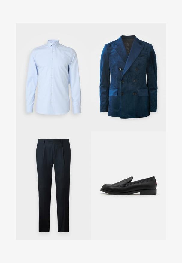 Blazer croisé en velours bleu profond. Doté de boutons noirs, de revers crantés et de deux poches avant avec une texture douce.; Chemise boutonnée bleu clair, à manches longues, col classique, en tissu lisse, présentant des boutons blancs sur le devant, design minimaliste.; Pantalon noir sur mesure en tissu lisse, présentant un design slim fit, deux plis avant et une taille plate sans matériel visible.; Mocassins en cuir noir avec une finition lisse, un bout arrondi et une petite flèche décorative. Dotés d'un petit talon empilé et d'un détail de marque subtil.