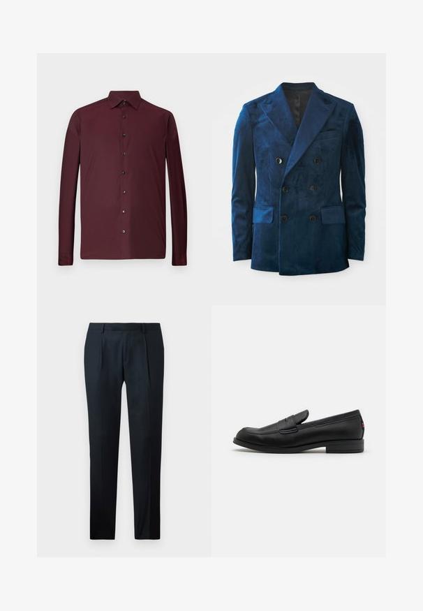 Sötétkék bársonyból készült, dupla soros blézer. Fekete gombokkal, kifordított gallérral és két elülső zsebbel rendelkezik, amely puha tapintású.; Burgundi hosszú ujjú ing texturált anyagból, galléros nyakkal és fekete gombokkal az elején, szűkített mandzsettákkal.; Fekete, sima anyagból készült, testes szabású nadrág, karcsú fazonban, két elülső redővel és lapos derékkal, látható fémrészletek nélkül.; Fekete bőr loafer cipők sima felülettel, lekerekített orral és egy kis díszes hajtókával. Alacsony, rakott sarkú és diszkrét márkázási részletekkel rendelkezik.