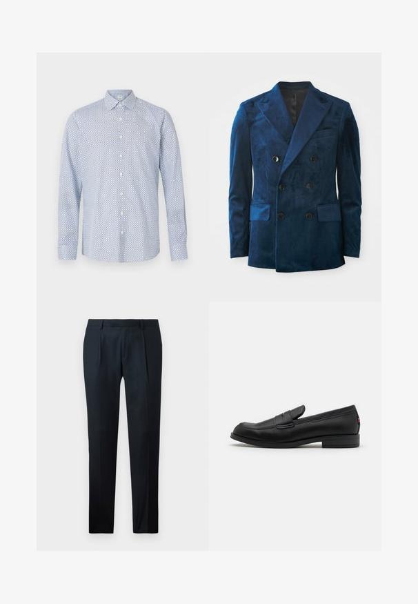 Blazer doppiopetto in velluto blu profondo. Caratterizzato da bottoni neri, rever a lancia e due tasche frontali con una consistenza morbida.; Camicia a maniche lunghe con bottoni di colore azzurro chiaro, caratterizzata da un motivo geometrico e da bottoni bianchi, con un colletto a punta e una vestibilità rilassata.; Pantaloni neri su misura realizzati in tessuto liscio, con un design slim fit, due pince frontali e una cintura piatta senza hardware visibile.; Mocassini in pelle nera con finitura liscia, punta arrotondata e una piccola pattina decorativa. Presentano un tacco basso e impilato e un sottile dettaglio di branding.