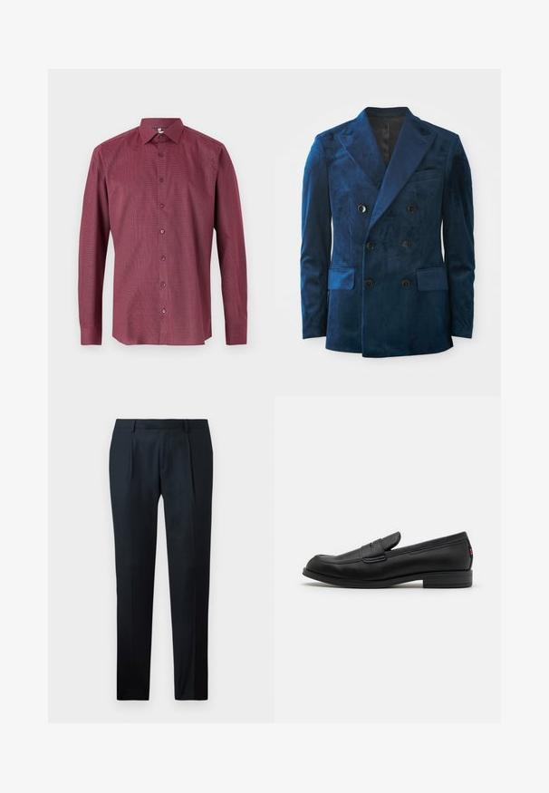 Doppelt geknöpfter Blazer aus tiefblauem Samt. Mit schwarzen Knöpfen, Reverskragen und zwei vorderen Taschen mit weichem Gefühl.; Bordeauxfarbenes langärmliges Hemd mit dezentem Karomuster, Button-Down-Kragen und vorderer Knopfleiste. Hergestellt aus glattem, leichtem Stoff.; Schwarze maßgeschneiderte Hose aus glattem Material mit schlankem Schnitt, zwei vorderen Falten und einem flachen Bund ohne sichtbare Beschläge.; Schwarze Lederloafer mit glatter Oberfläche, abgerundetem Zehenbereich und einem kleinen dekorativen Riegel. Ausgestattet mit einem niedrigen, gestapelten Absatz und einem dezenten Markenlogo.