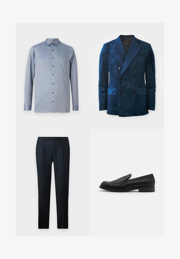 Sacou dublu din catifea albastră închisă. Are nasturi negri, rever în formă de V și două buzunare frontale cu o textură moale.; Cămașă cu mânecă lungă, cu nasturi, de culoare albastru deschis, realizată dintr-un material texturat. Are un guler clasic și nasturi de culoare albastru închis pe partea din față.; Pantaloni negri, croiți, dintr-un material neted, cu un design slim fit, două pliuri frontale și un brâu plat fără accesorii vizibile.; Mocasini din piele neagră cu un finisaj neted, vârf rotunjit și o mică clapetă decorativă. Au un toc joasă din lemn laminat și un detaliu de branding subtil.