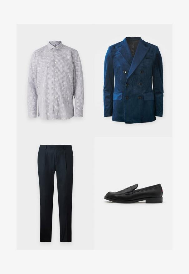 Sacou dublu din catifea albastră închisă. Are nasturi negri, rever în formă de V și două buzunare frontale cu o textură moale.; Cămașă cu mânecă lungă, albă, cu un model geometric negru, având o guler clasic, placket cu nasturi și material din bumbac moale.; Pantaloni negri, croiți, dintr-un material neted, cu un design slim fit, două pliuri frontale și un brâu plat fără accesorii vizibile.; Mocasini din piele neagră cu un finisaj neted, vârf rotunjit și o mică clapetă decorativă. Au un toc joasă din lemn laminat și un detaliu de branding subtil.