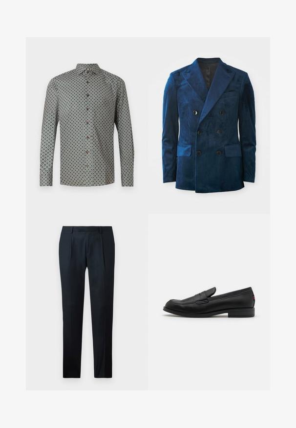 Blazer croisé en velours bleu profond. Doté de boutons noirs, de revers crantés et de deux poches avant avec une texture douce.; Chemise à manches longues en tissu vert ornée d'un motif floral répété. Le col est boutonné, avec des boutons bruns sur le devant.; Pantalon noir sur mesure en tissu lisse, présentant un design slim fit, deux plis avant et une taille plate sans matériel visible.; Mocassins en cuir noir avec une finition lisse, un bout arrondi et une petite flèche décorative. Dotés d'un petit talon empilé et d'un détail de marque subtil.