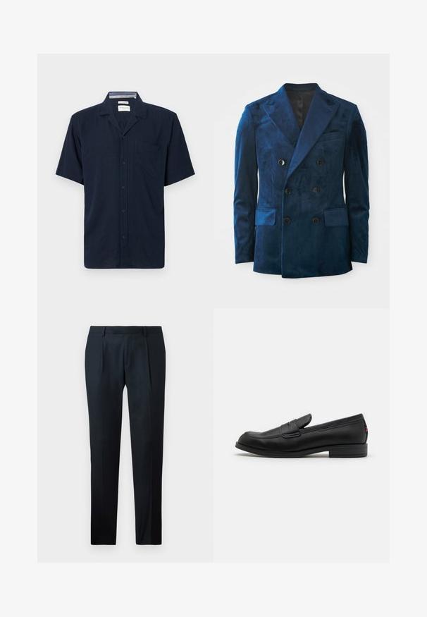 Dviejų eilučių blazeris giliai mėlynos aksominio spalvos. Savybė - juodi mygtukai, notch tipo apykaklė ir dvi priekinės kišenės su jaukia tekstūra.; Trumpas rankovės marškinėliai tamsiai mėlynos spalvos audiniu, su apykakle, mygtukų užsegimu ir vienu krūtiniu kišeniu kairėje pusėje.; Juodi pritaikyti kelniai, pagaminti iš lygaus Audinio, su lieknu siluetu, dviem priekiniais klostėmis ir plokščiu liemeniu be matomų detalių.; Juodos odinės loafers' tipo bateliai su lygia apdaila, apvalia nosimi ir maža dekoratyvine kišenėle. Turi žemą sukrauto kulno ir subtilų prekės ženklo detalę.