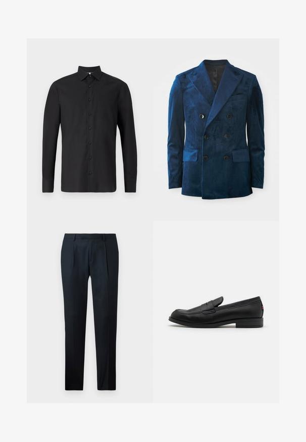 Blazer croisé en velours bleu profond. Doté de boutons noirs, de revers crantés et de deux poches avant avec une texture douce.; Chemise noire à manches longues en tissu lisse, avec un col classique, un système de fermeture à boutons, des poignets ajustables et une coupe ajustée.; Pantalon noir sur mesure en tissu lisse, présentant un design slim fit, deux plis avant et une taille plate sans matériel visible.; Mocassins en cuir noir avec une finition lisse, un bout arrondi et une petite flèche décorative. Dotés d'un petit talon empilé et d'un détail de marque subtil.