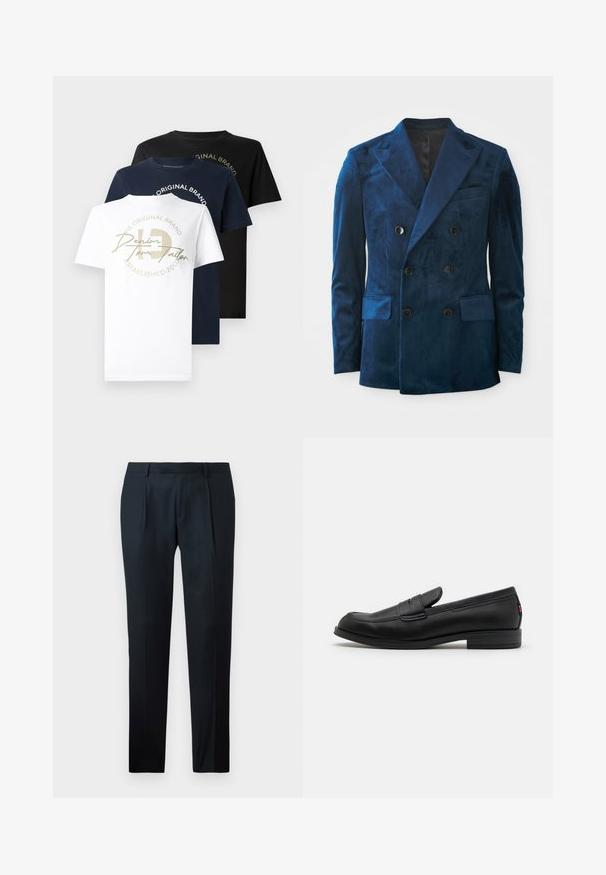 Double-breasted blazer in deep blue velvet. Features black buttons, notch lapels, and two front pockets with a soft texture.; Three crew-neck T-shirts in white, navy, and black cotton, featuring a gold graphic logo on the white shirt and text in a circular design.; Black tailored pants made of smooth fabric, featuring a slim fit design, two front pleats, and a flat waistband without visible hardware.; Black leather loafers with a smooth finish, rounded toe, and a small decorative flap. Features a low stacked heel and subtle branding detail.