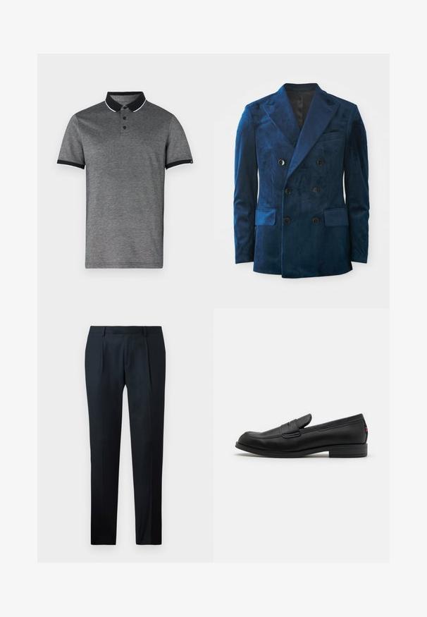 Sügavsinine sametist topeltkinnitatud bleiser. Omab musti nuppe, sakilise kaeluse kujundust ja kahte esifrakti taskut pehme tekstuuriga.; Hallide hall, millel on must krae, kolme nupuga nööbistamine ja kontrastsed valged ääred varrukatel. Valmistatud tekstureeritud kangast.; Mustad kohandatud püksid, mis on valmistatud siledast kangast, esitavad kitsast lõiget, kahte esist pleeti ja lamedat vöökohta ilma nähtava riistvarata.; Mustad mustad nahast loaferid siledast viimistlusest, ümmargune nina ja väike dekoratiivne klapp. Omab madalat kokkupandud kontsa ja diskreetset brändingut.