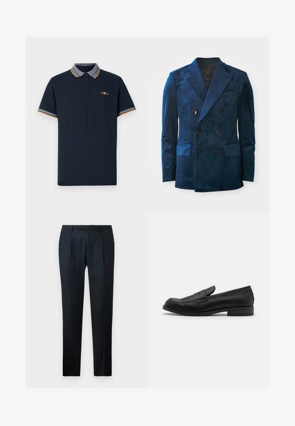 Sötétkék bársonyból készült, dupla soros blézer. Fekete gombokkal, kifordított gallérral és két elülső zsebbel rendelkezik, amely puha tapintású.; Sötétkék polo póló pamutból, gallérral, szürke szegéllyel, narancssárga díszítéssel és három gombos nyitással. Hímzett 1962 logó.; Fekete, sima anyagból készült, testes szabású nadrág, karcsú fazonban, két elülső redővel és lapos derékkal, látható fémrészletek nélkül.; Fekete bőr loafer cipők sima felülettel, lekerekített orral és egy kis díszes hajtókával. Alacsony, rakott sarkú és diszkrét márkázási részletekkel rendelkezik.