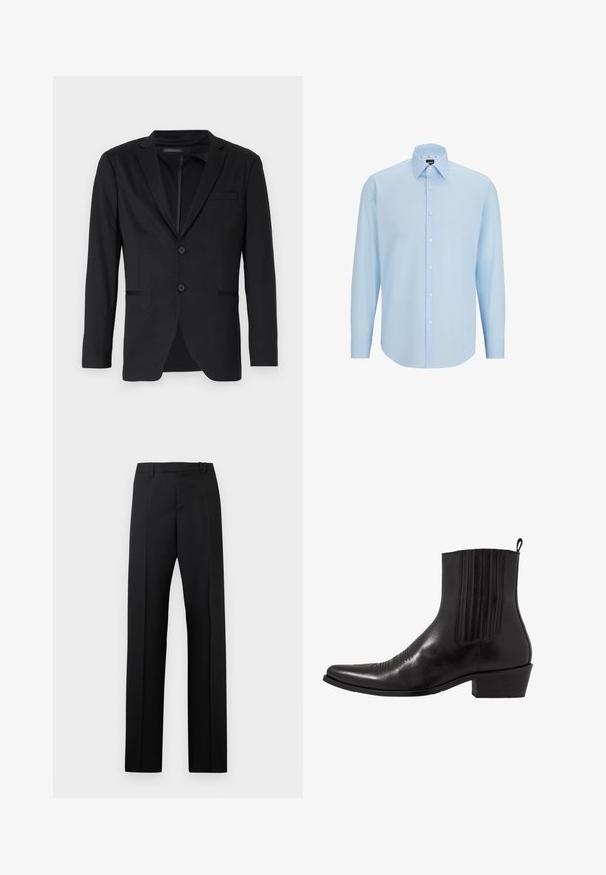 Czarna marynarka o dopasowanym kroju, z dwoma guzikami, klapami na notcha i bocznymi kieszeniami. Wykonana z gładkiego materiału o subtelnej fakturze.; Jasnoniebieska, długosleeve koszula z gładkiego materiału, z zapięciem na guziki, wywijanym kołnierzykiem i regularnym krojem.; Czarne spodnie z wysokim stanem, o prostych nogawkach, z pętelkami na pasek i wyprasowanymi kantami, na białym tle.; Czarne skórzane botki za kostkę z wąskim noskiem, elastycznymi bocznymi panelami, pionowymi przeszyciami i niskim słupkowym obcasem.