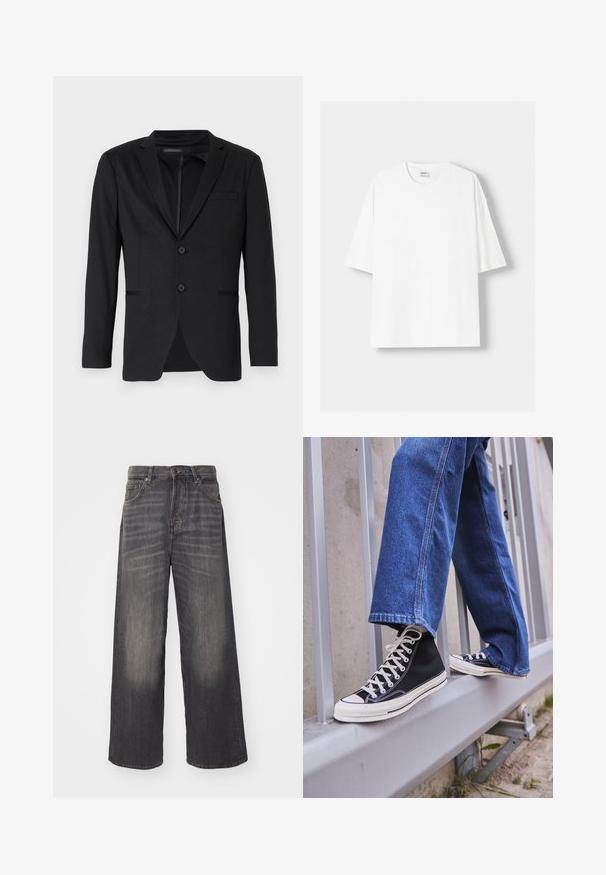 Black blazer with a slim fit, featuring two buttons, notch lapels, and side pockets. Made of smooth fabric with a subtle texture.; White short-sleeved t-shirt made from cotton, featuring a round neckline and a relaxed fit. Smooth texture, with no visible patterns or accents.; Wide-leg, high-waisted jeans in faded black denim. Features five pockets and metal hardware. Smooth texture with subtle whiskering details.; Black high-top sneakers with white sole and laces, paired with loose blue denim jeans, resting on a gray railing.