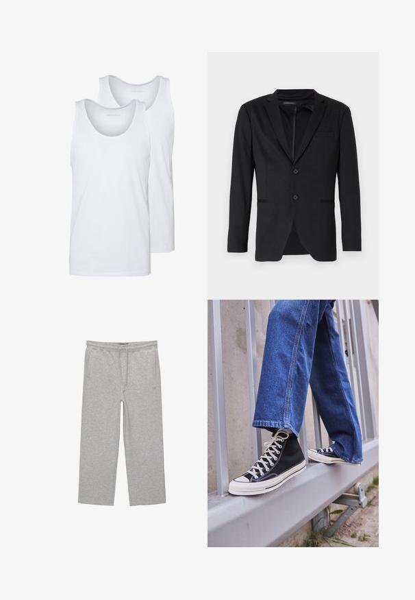 Black blazer with a slim fit, featuring two buttons, notch lapels, and side pockets. Made of smooth fabric with a subtle texture.; White cotton tank tops with rounded necklines, featuring a smooth texture. Two pieces displayed, labeled "PIER ONE."; Gray cotton lounge pants with an elastic waistband, drawstring, and two side pockets; straight leg design, soft texture, no patterns.; Black high-top sneakers with white sole and laces, paired with loose blue denim jeans, resting on a gray railing.