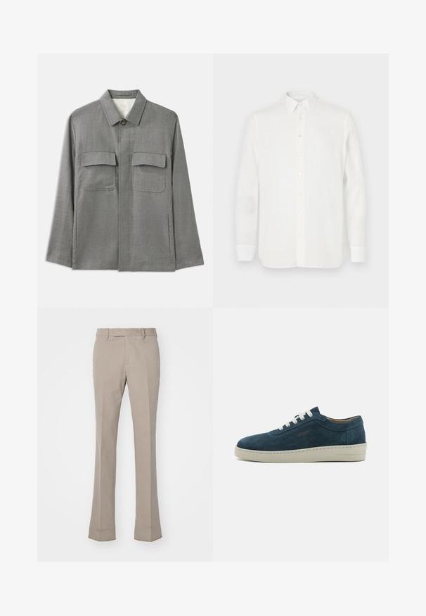 Grijze op maat gemaakte jas van gestructureerde stof, met een knoopsluiting, spitse kraag en twee borstzakken. Klassiek recht model.; Witte lange mouwen shirt van lichtgewicht stof, met een klassieke kraag, knoopsluiting en rechte zoom. Soepele textuur.; Lichtbeige broek met een rechtlijnig ontwerp, gemaakt van een soepele stof. Voorzien van een tailleband met riemlussen en schone, op maat gemaakte naden.; Blauwe leren sneakertjes met een ronde neus, witte veters en een rubberen zool. Beschikt over subtiele stiksels en een merkaccent aan de zijkant.